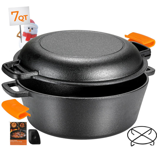TLGREEN Cast Iron Dutch Oven Pot with Lid, Pot (5.1QT) and Lid as a Skillet(1.9QT) - Dutch Oven Cast Iron with Silicone Holders, Iron Stand, for Oven, Stove, Grill，Campfire