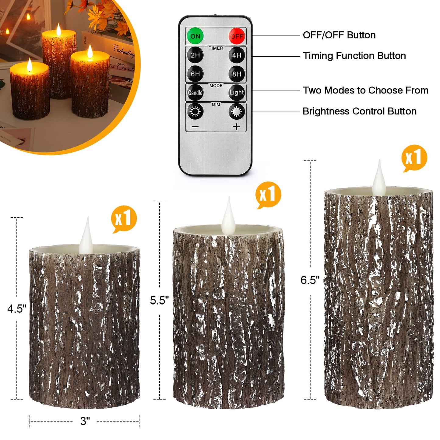Enpornk Flameless Candles Battery Operated Pillar Pine Effect Real Wax Flickering 3D Wick Electric LED Decorative Candle Sets with Remote Control Cycling 24 Hours Timer, 4" 5" 6" Pack of 3