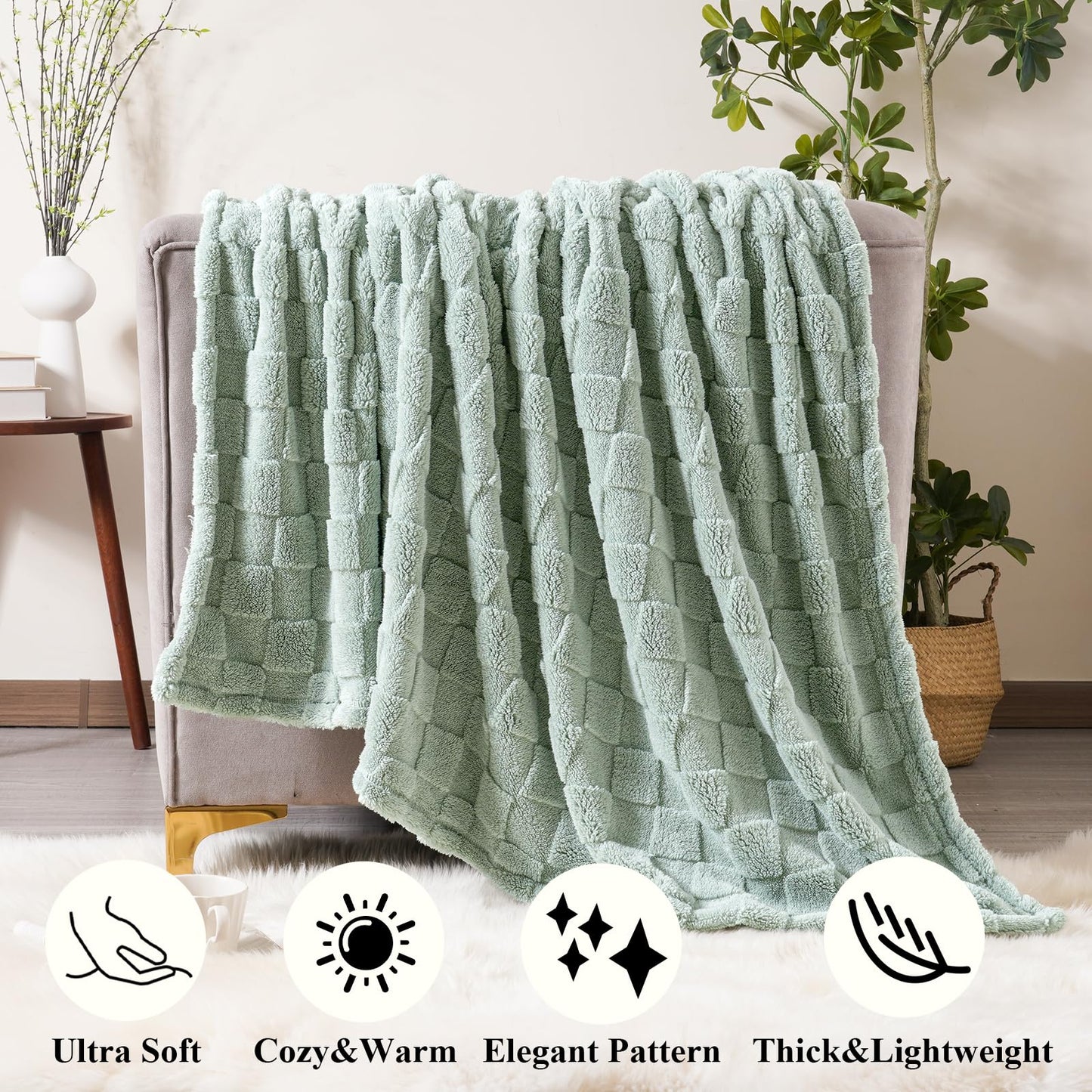 PHF Checkered Fleece Throw Blanket for Couch, Warm 3D Plaid Jacquard Fluffy Blanket for Fall and Winter, Green, 50x60 Inches