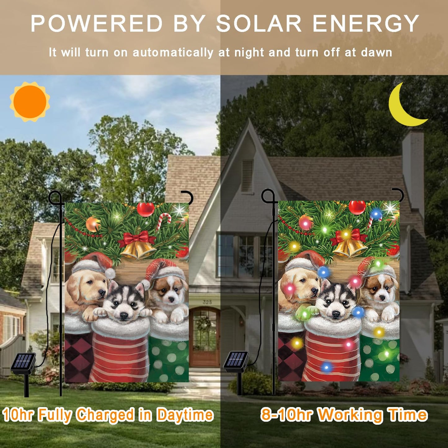 Merry Christmas Cute Cat Kitty doggy Garden Flag Decor, Winter Yard Flag Outdoor with Led String Lights, 12x18 Double-Sided House Flags for Farmhouse Outdoor Decoration