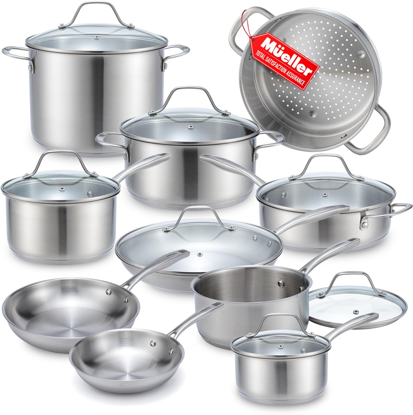 Mueller Pots and Pans Set 17-Piece, Ultra-Clad Pro Stainless Steel Cookware Set, Ergonomic EverCool Handle, Induction Cookware, Includes Saucepans, Skillets, Dutch Oven, Stockpot, Steamer For Cooking