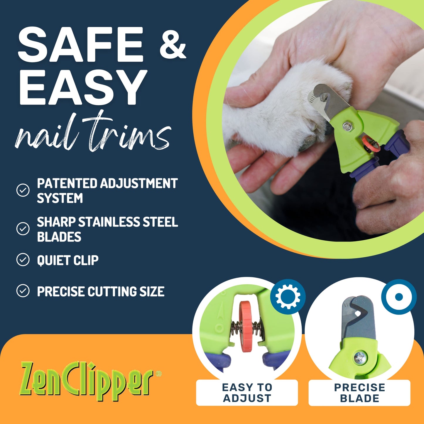 Zen Clipper Precise Safer Pet Nail Trimmer - Fully Adjustable Pet Claw Clipper for Dogs and Cats - Trims only The Amount of Nail You Chose Quick, Clean and Quiet Cut - Patented (Junior)
