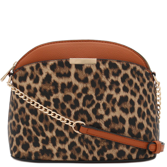 FashionPuzzle Leopard Print Small Dome Crossbody with Chain Strap (Classic Tan/Tan)