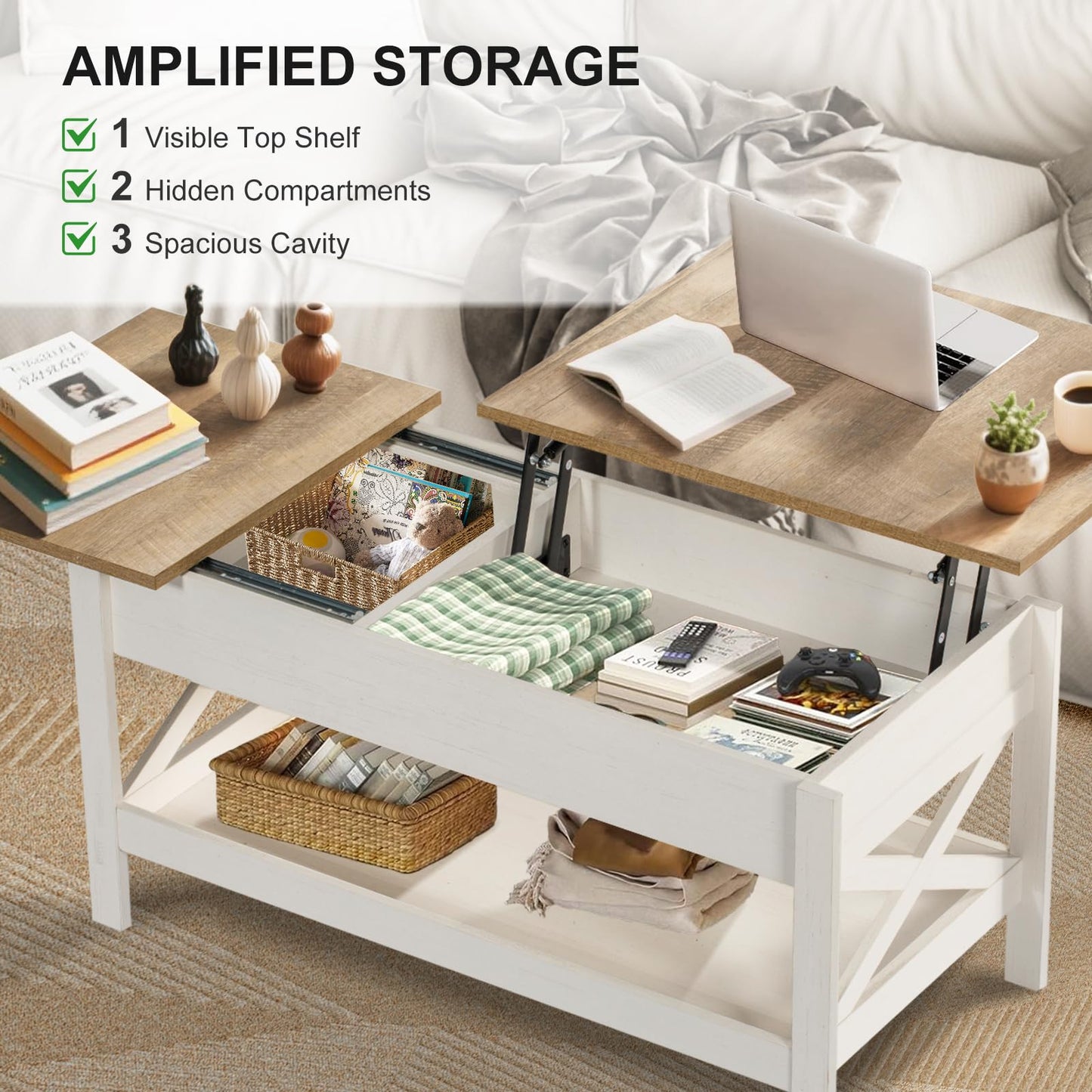 Vendricasa Lift Top Coffee Table with Storage, 39" Wooden Table for Lifting Top with Hidden Compartment, X Design Coffee Table for Living & Office & Reception Rooms, Rustic Brown