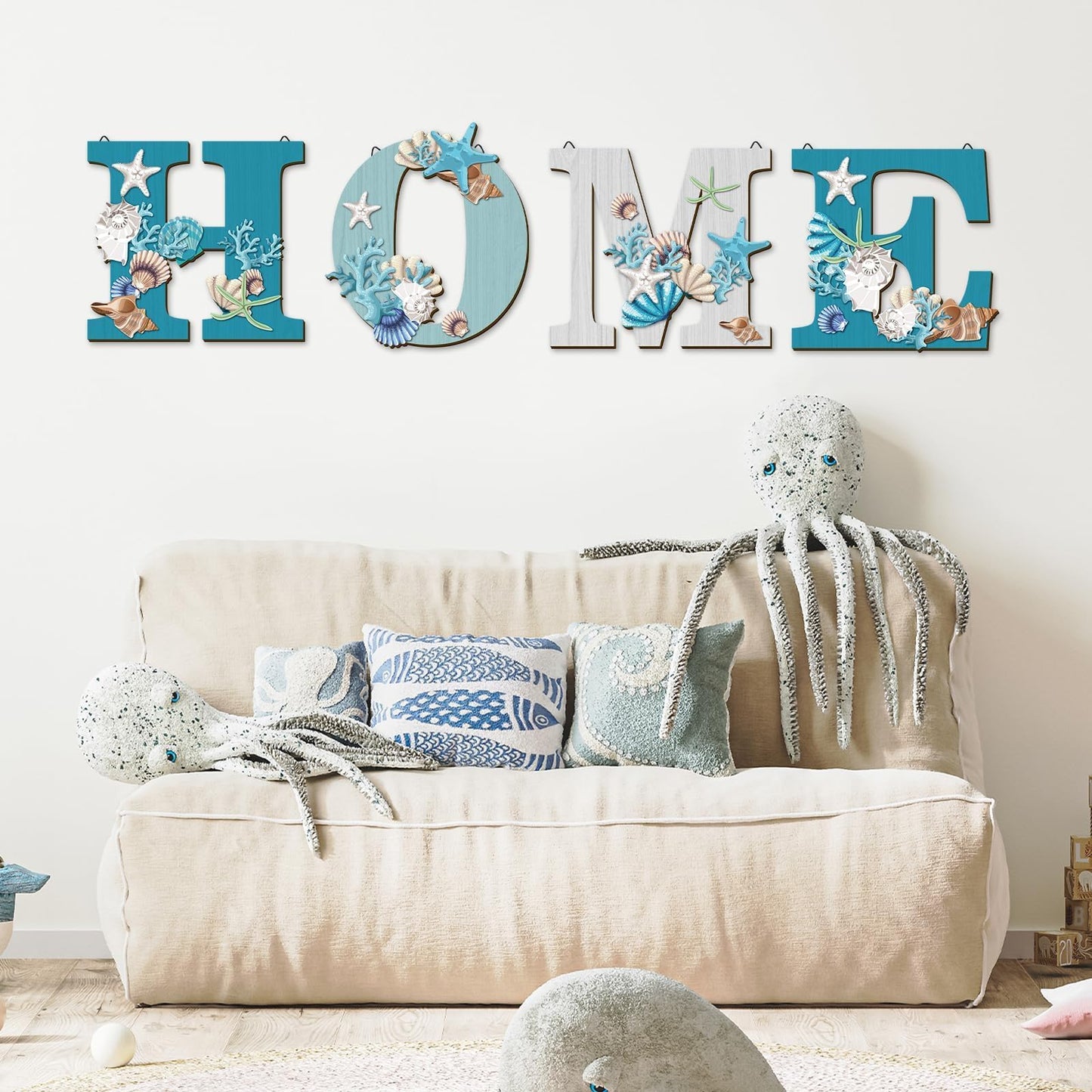 4 Pcs Wood Home Sign Coastal Beach Wall Decor Beach Style Signs Blue Starfish and Shell Wall Decor Beach Theme Sign for Home Letters Hanging Wall Decor Art Signs for Living Room Kitchen Bedroom Decor