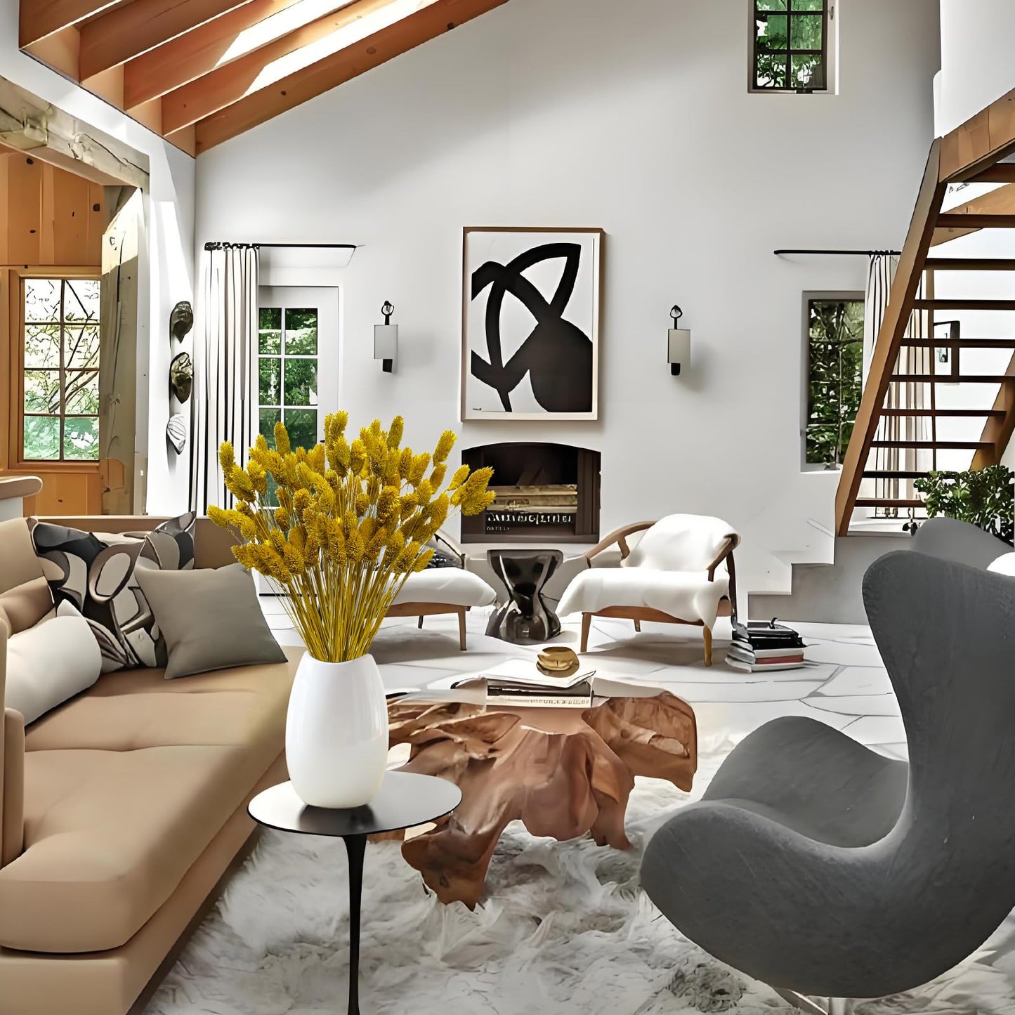 120 PCS Boho Pampas Grass, 17" Bunny Tails Gem Grass Flower Bouquet Decor for Home Wedding Farmhouse Decor (Lemon Yellow)