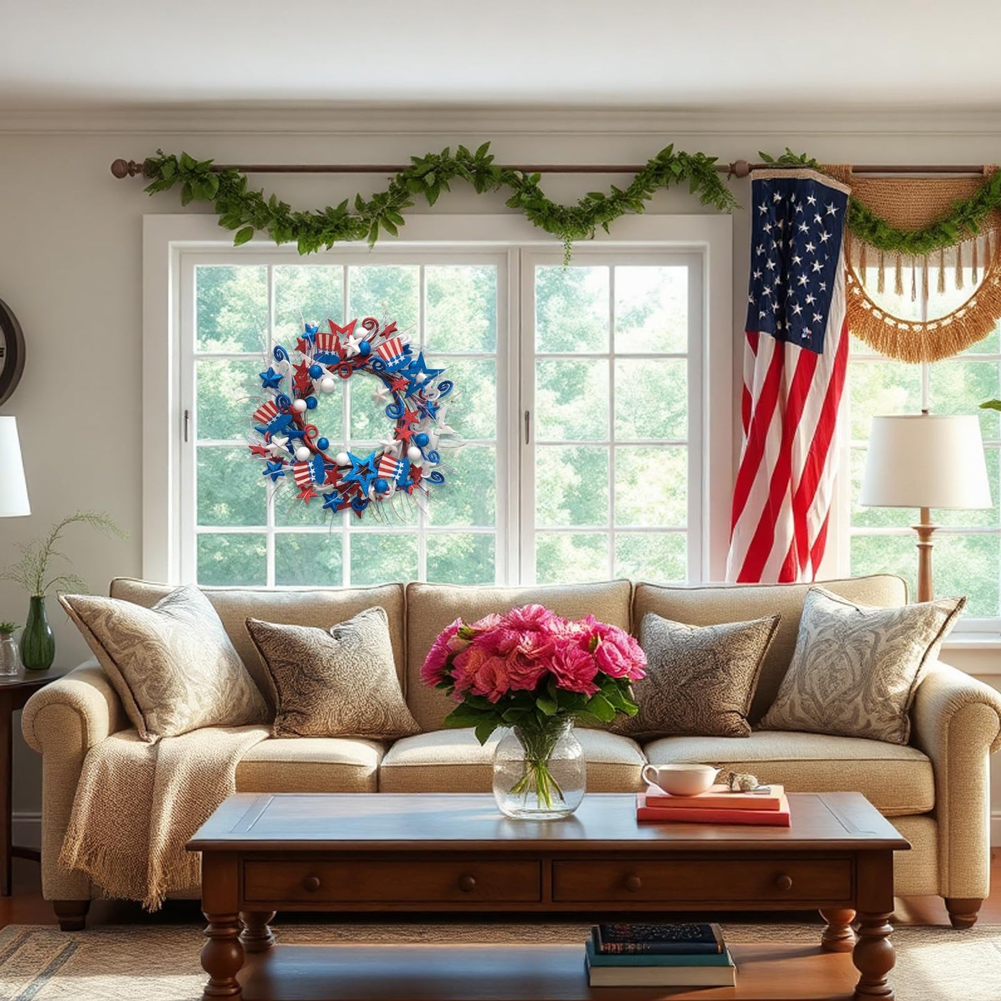 Bibelot 20in Red White Blue Artificial Floral Twig Wreaths American Flag Wreath Patriotic Decorations Wreaths 4th of July Independence Day Flag Day Hanging Decoration