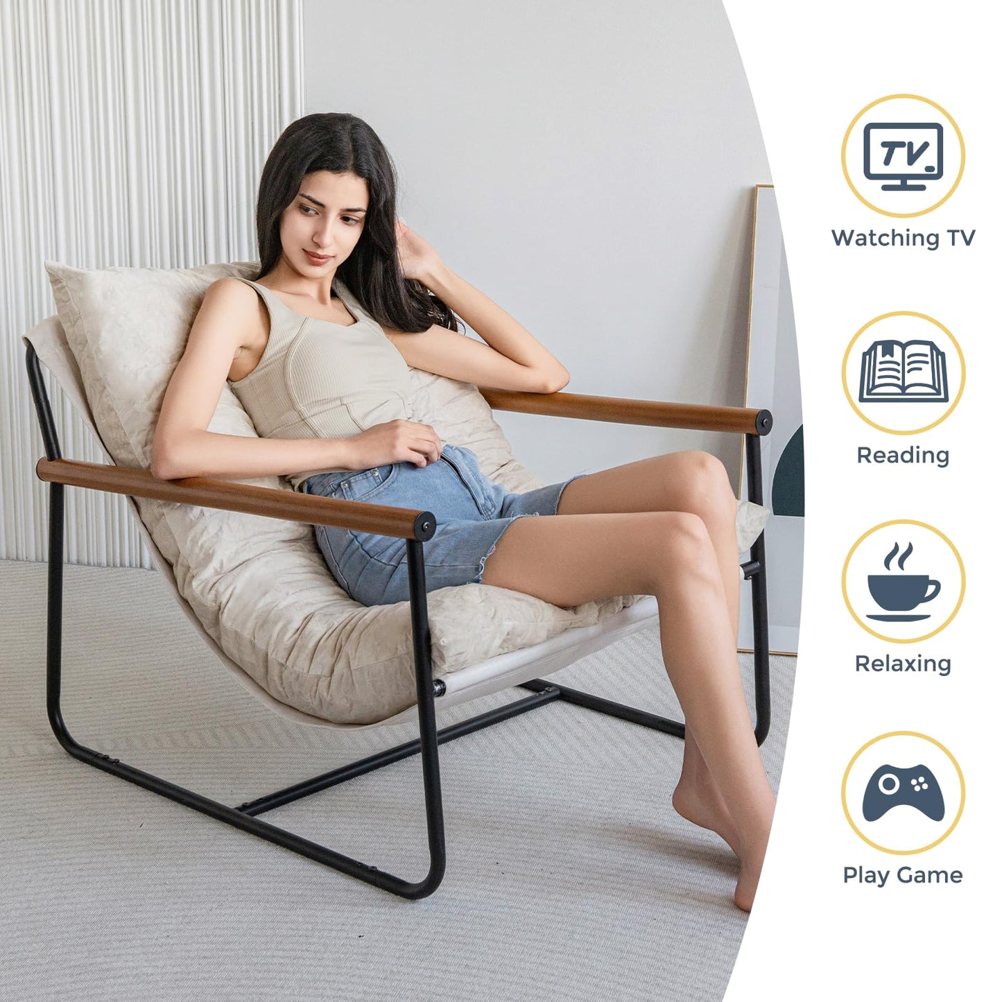 MAXYOYO Accent Chair, Velvet Arm Chair Living Room Chair with Metal Frame, Reading Accent Chair, Modern Bedroom Chair, Boucle Armchair with Wooden Arms, Beige