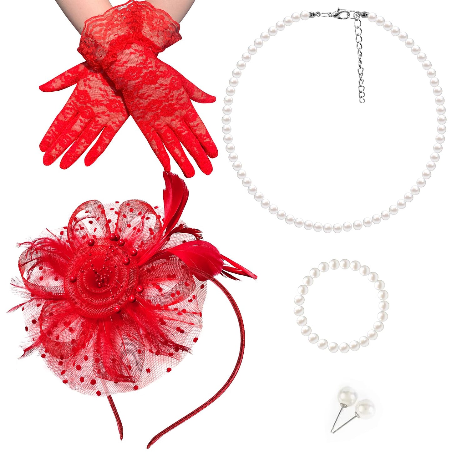 Girls Tea Party Fascinators Hats with Lace Gloves Pearl Necklace Earring Jewelry for Tea Party Wedding Accessories