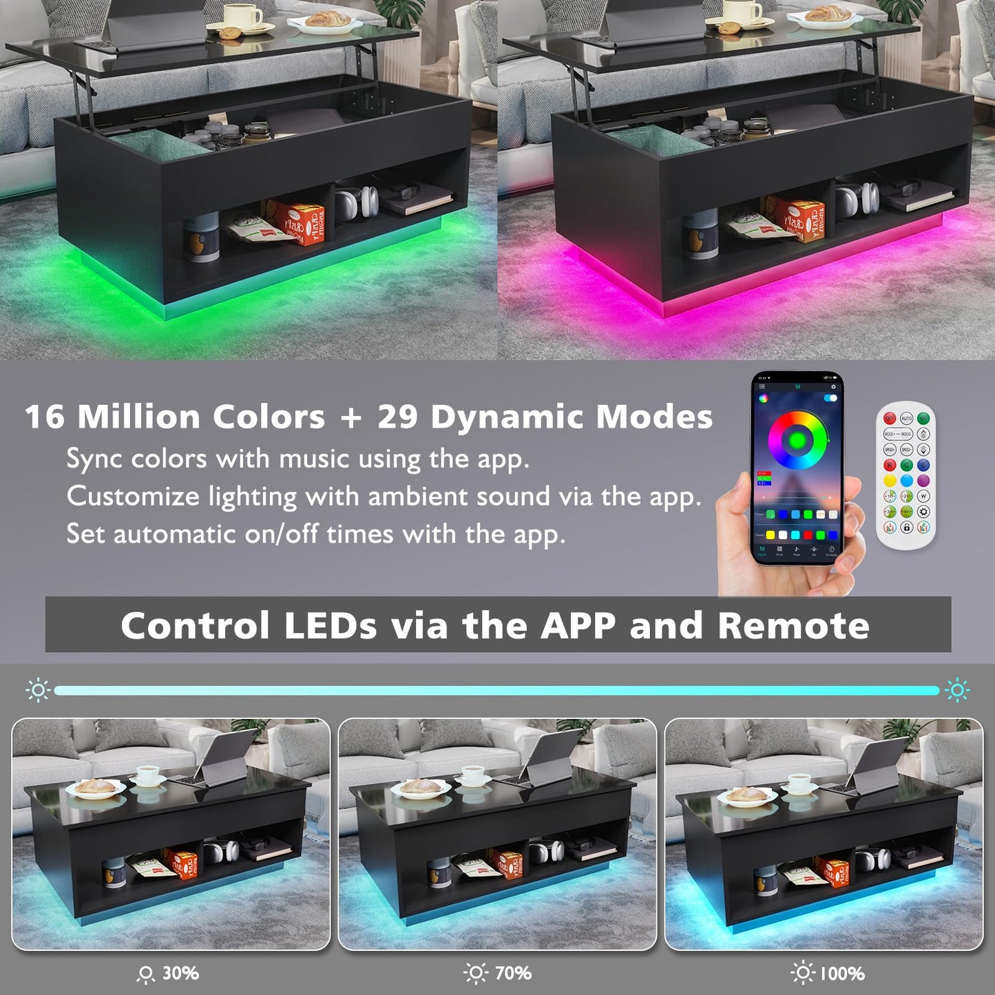 LED Coffee Table Black Lift Top Coffee Table with Storage Modern Tea Table with Hidden Compartment Lift Up Dining Center Table with LED Light for Living Room Home Office