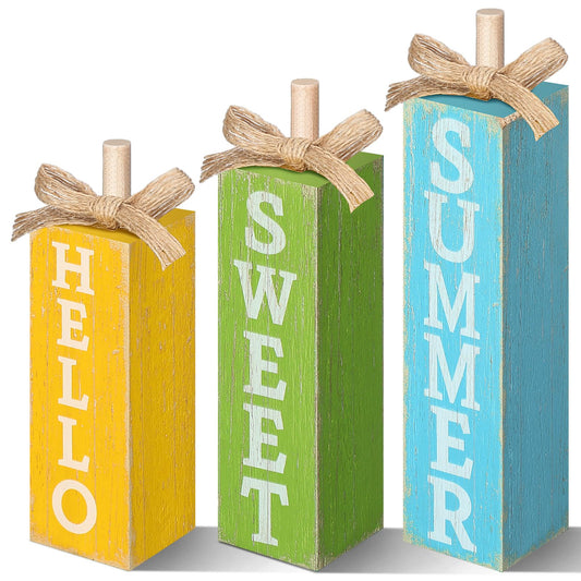 Seeloowy 3 Pcs Hello Sweet Summer Table Block Sign Hello Summer Tiered Tray Decor Rustic Farmhouse Wooden Tabletop Centerpieces for Home Kitchen Shelf Indoor Party Decorations