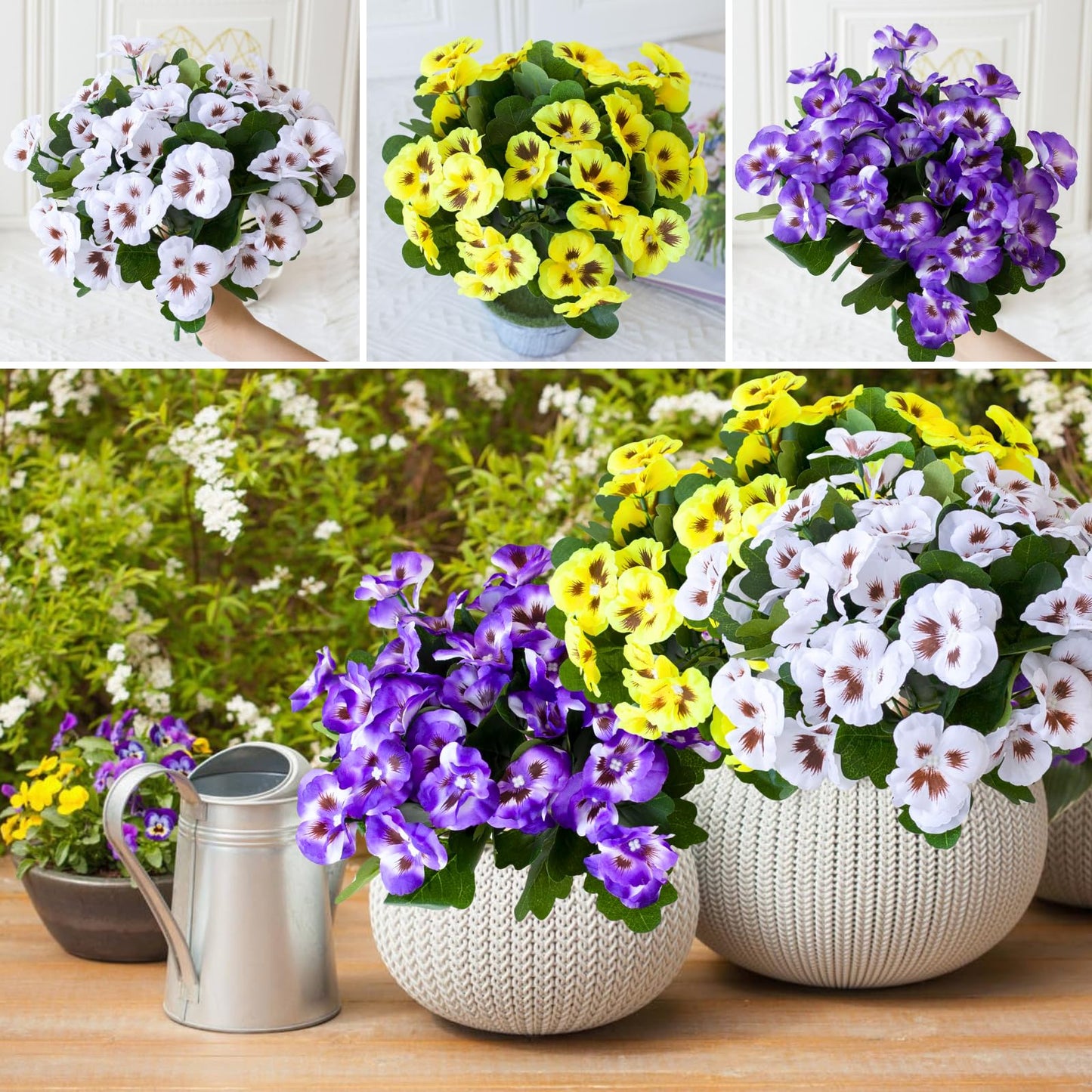 ASTRYAS 12 Bundles Artificial Flowers for Outdoor Fake Pansies Small Wild Flowers Faux Pansy Plastic Flowers for Home Garden Flower Beds Outdoor Plants (White/Purple/Yellow)