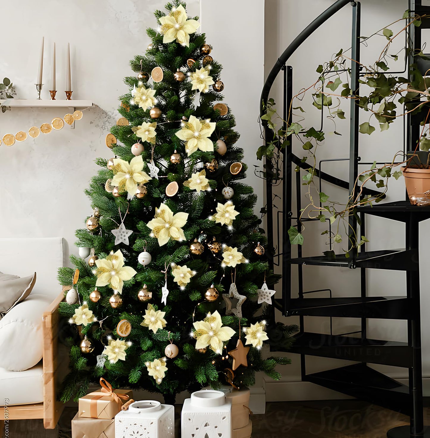 Geefuun 28PCS Christmas Tree Decorations: Poinsettias Artificial Flowers Ornaments Xmas Gold Glitter Flower with Clips