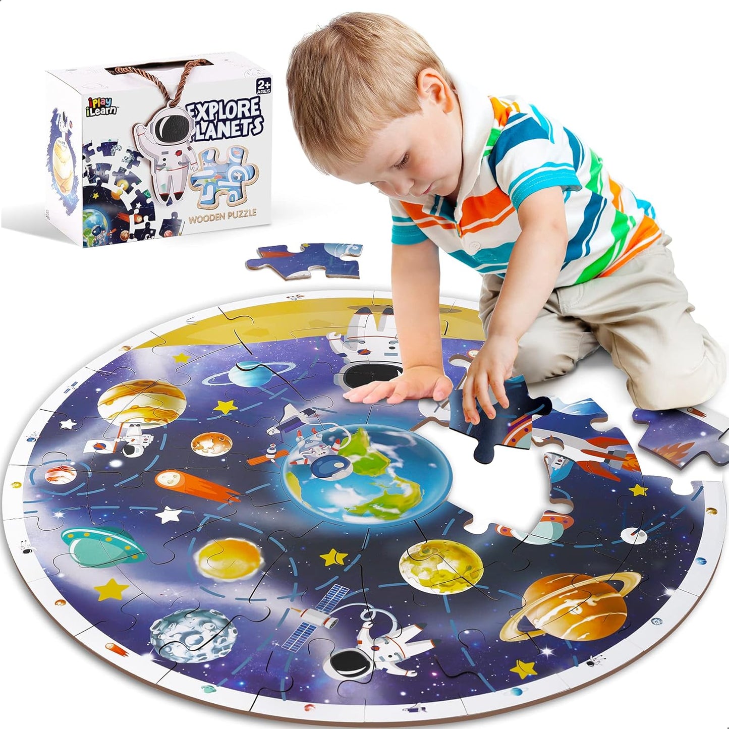 iPlay, iLearn Floor Puzzles for Kids Ages 3-6, Jigsaw Puzzle for kids Ages 4-8, Toddler Large Wooden Learning Toy, Educational Round Planets, Solar System Birthday Gift for 5-7 Year Old Boy Girl Child