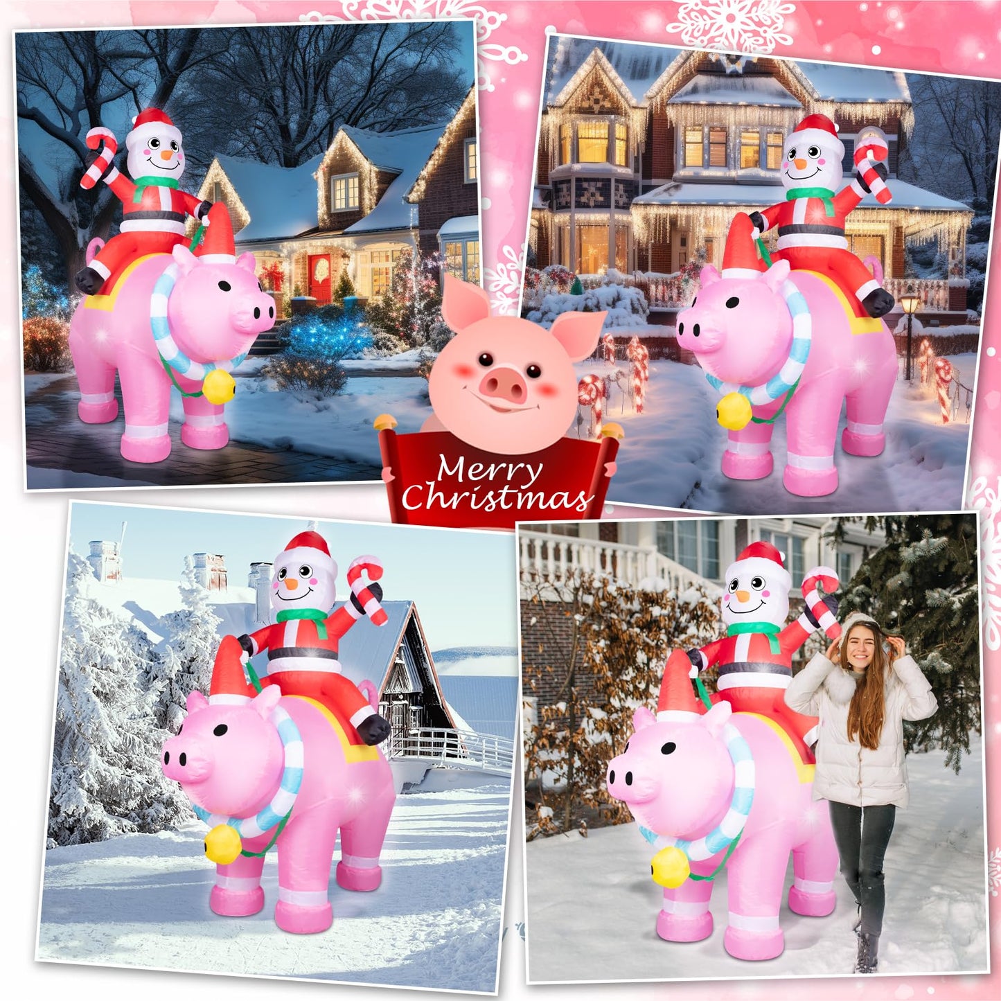 7FT Christmas Inflatables Cute Inflatable Christmas Inflatable Santa with Pink Pig Christmas Decorations Outdoor Christmas Blow Up for Yard, Outside, Built-in LED Lights with Tether