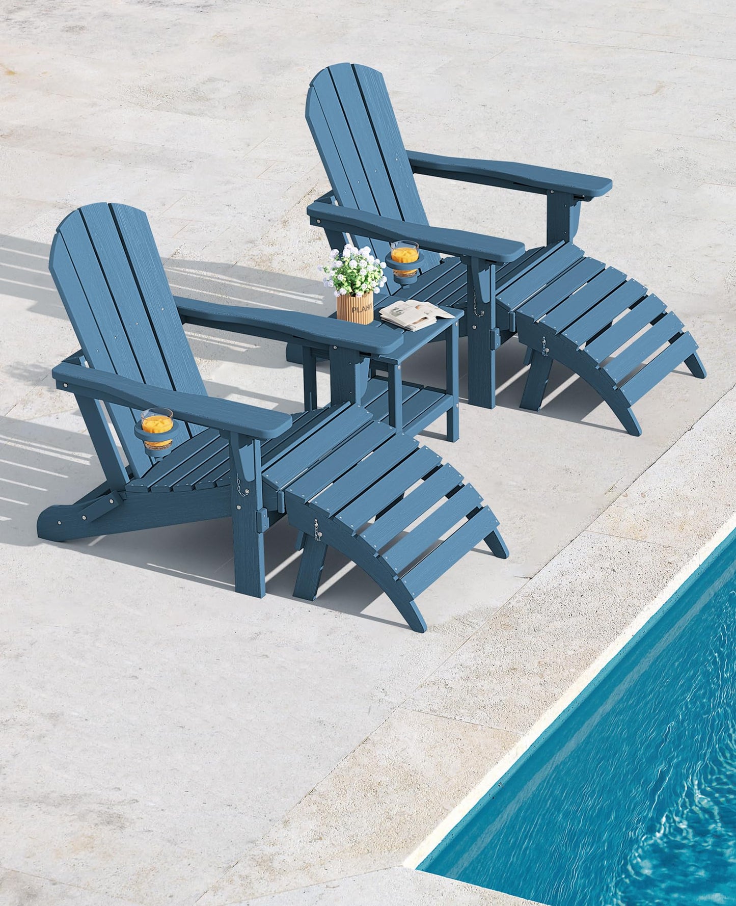 SERWALL 5-Piece Adirondack Chair and Ottoman and Table Set, HDPE Weather Resistant Adjustable Backrest Adirondack Chair with Ottoman and Side Table, Navy