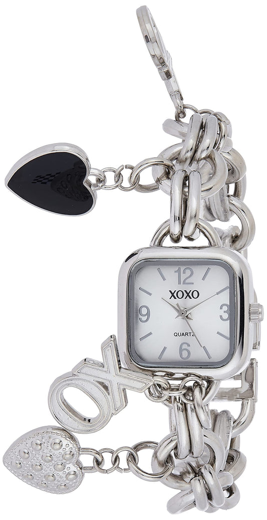 XOXO Women’s Charm Bracelet Watch with XO and Heart Charms, Quartz Analog Display, Polished Silver-Tone Finish, Jewelry Clasp Closure, Box Included, Fits Wrists 5.5"–8.5"