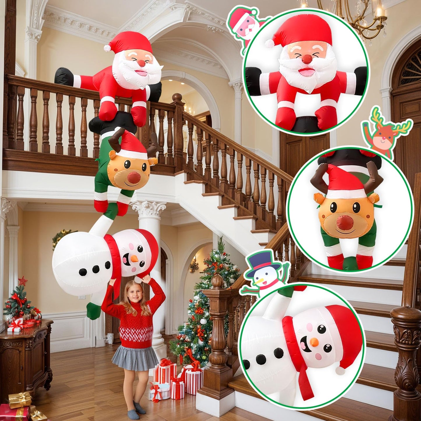 OurWarm 8FT Hanging Christmas Inflatables Decorations, Climbing Santa Claus with Reindeer & Snowman, Xmas Decor for Beam Roof Tree Indoor Home Party
