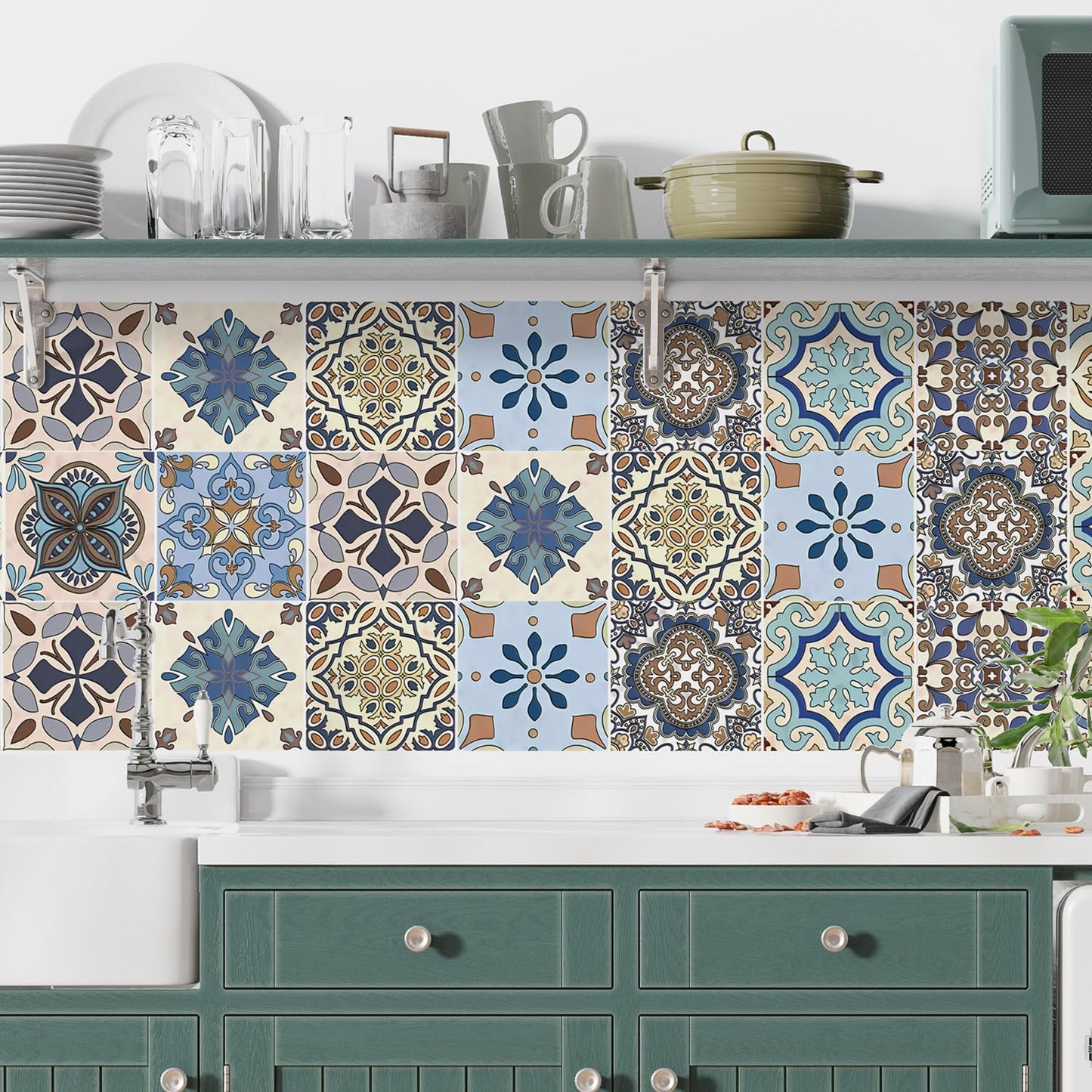 Moroccan Tile Stickers 30-Pack, 4x4inch – Peel and Stick Vinyl Decals, Waterproof Removable Backsplash Tiles for Kitchen, Bathroom & Furniture Decor