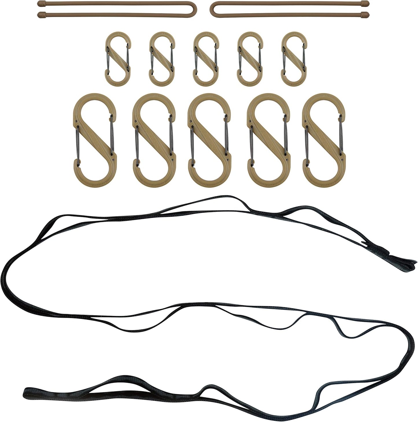 Nite Ize GearLine Hanging Organization System - Gear Ties for Camping, Hiking & Outdoor Activities - Webbing Line with S-Biner Clips & Bendable Ties - Camping Gear Organization - Coyote