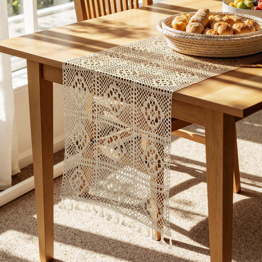 Boho Table Runner 108x13Inch Long Table Runner - Cotton Blend Macrame Style Home Decor for All Seasons, Fade Resistant for Dining Table, Coffee Table & Living Room