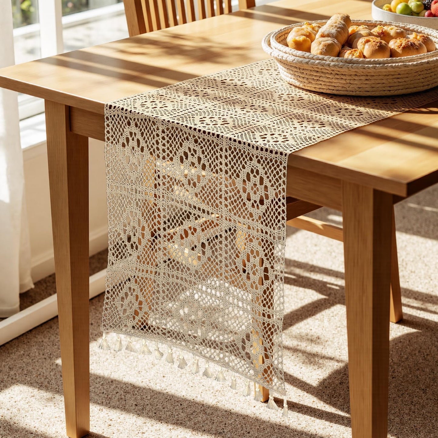 Boho Table Runner 108x13Inch Long Table Runner - Cotton Blend Macrame Style Home Decor for All Seasons, Fade Resistant for Dining Table, Coffee Table & Living Room