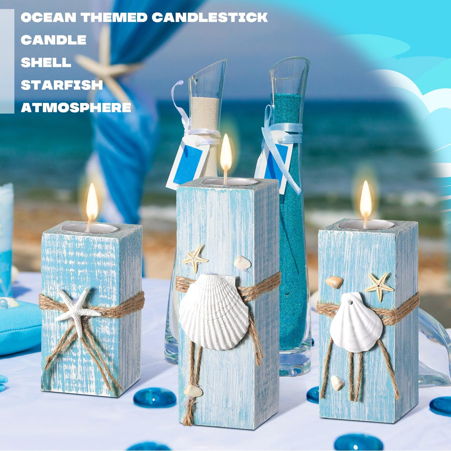 Suzile 3 Pcs Summer Ocean with Candles Tealight Candle Holders Decorations Wood Table Sign Starfish Scallop Tealight Marine Life Candlesticks for Table Centerpiece Tiered Tray Decor