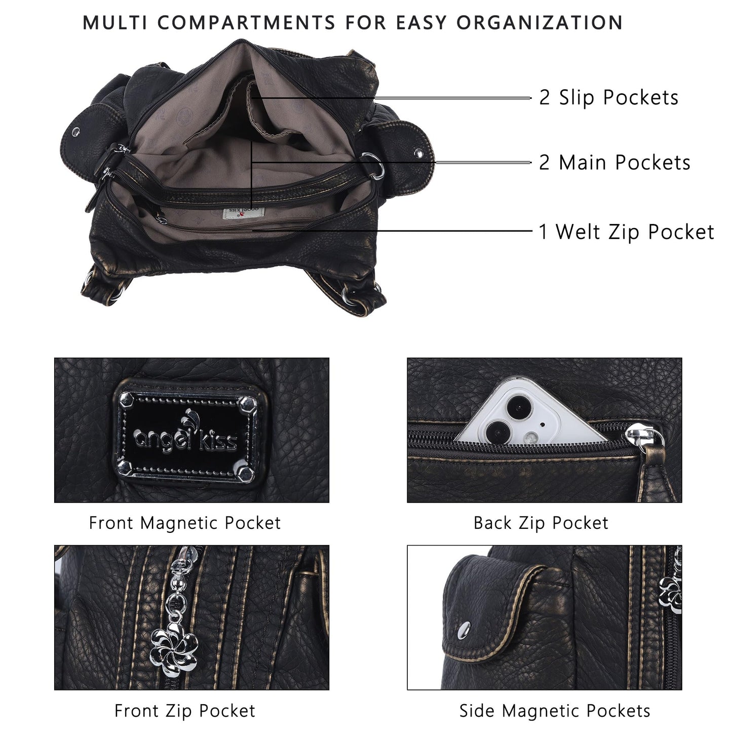 Angel Kiss Women Handbags Shoulder Bags Washed Leather Satchel Tote Bag Mutipocket Hobo Purse