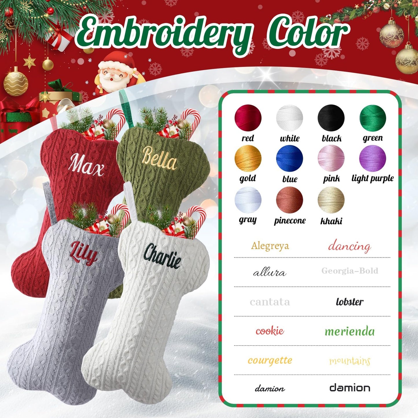 Tarwanear Personalized Dog Christmas Stocking,Large Bone Shape Cable Knit Custom Name Embroidered Pet Xmas Stockings,Christmas Decorations Fireplace Hanging Stockings Family Holiday Stockings(1 Pack)