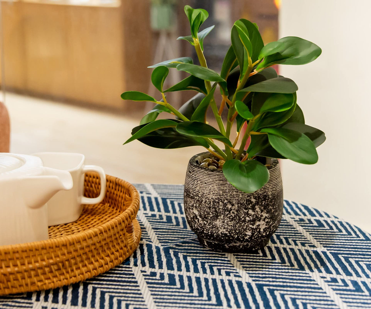 AlphaAcc Artificial Plants Potted Real Looking Small Faux Plant with Rustic Black Cement Planter for Kitchen Office Desk Bookshelf Decor (Ficus Plant)