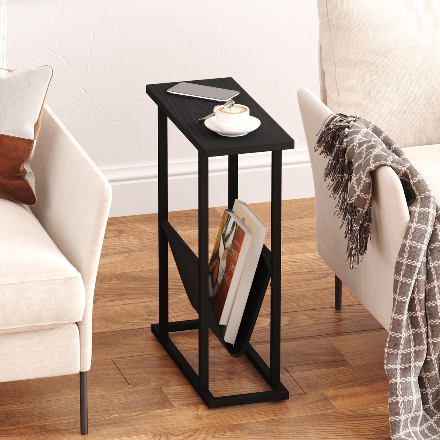 Yusong Narrow Side Table for Small Spaces, Small End Table Set of 2 with Magazine Holder, Skinny Slim Little Thin Table for Living Room, Bedroom, Sofa, Black Oak