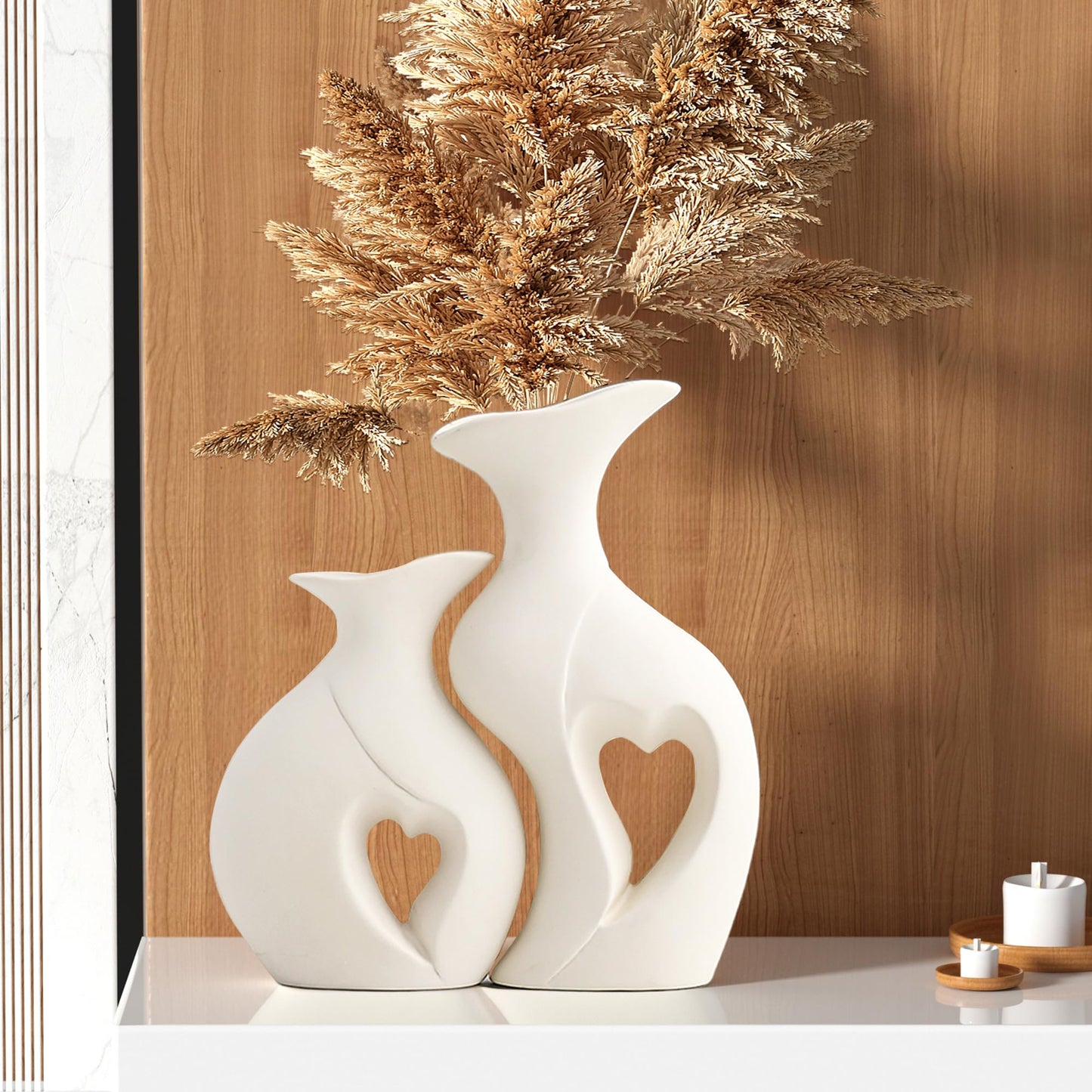 Black and White Vase Heart Shape Ceramic Vase Set of 2,Modern Boho Hollow Flower Vases,Nordic Aesthetic Decor,Decorative Vases for Room,Home Book Shelf,Fireplace,Table Decor