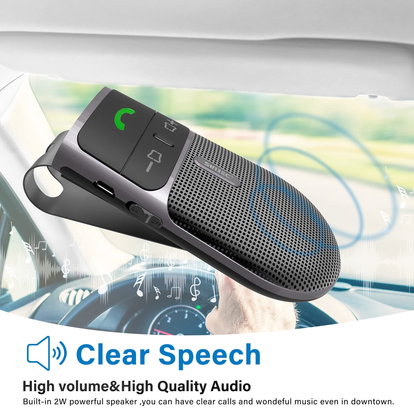 Bluetooth Phone Speaker for Car, SUNITEC Hands Free Bluetooth Car Speaker for Cell Phone, Support Siri Google Voice Assistant, AUTO Power ON Off, Speakerphone with Visor Clip