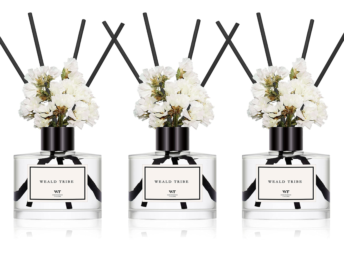 WEALD TRIBE Real Flower Reed Diffuser Set of 3 for Bathroom Air Fresheners, Oil Defusers | Fresh Linen/Ocean/Eucalyptus & Mint Scent(1.7 fl oz Each Pack) Home Fragrance with 12 Stick | Shelf Decor
