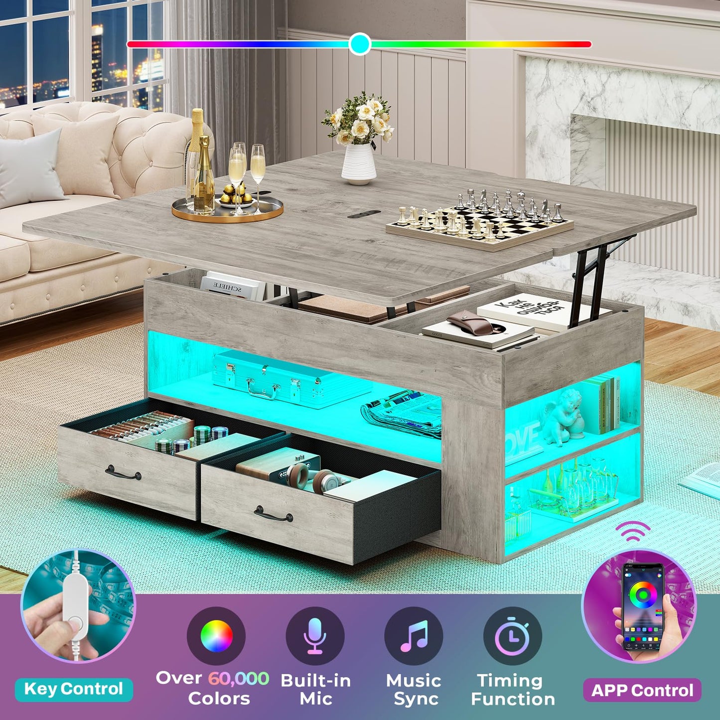 Itaar Lift Top Coffee Table, 4 in 1 Coffee Tables with Storage and Hidden Compartment, Farmhouse Coffee Table with 2 Fabric Drawers & LED Light for Living Room, Grey Oak