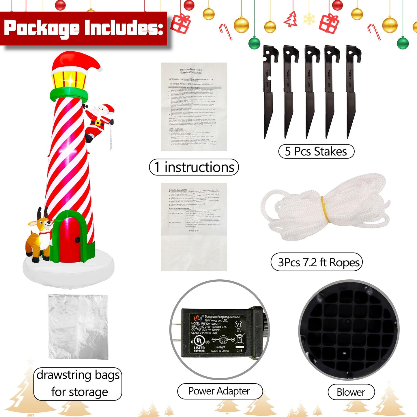 Lulu Home 10FT Christmas Inflatable Decoration, Giant Lighted Lighthouse Blowups with Santa and Reindeer, Air-Blown Ornaments with Storage Bags for Xmas Winter Yard Lawn Garden Outdoor Decor