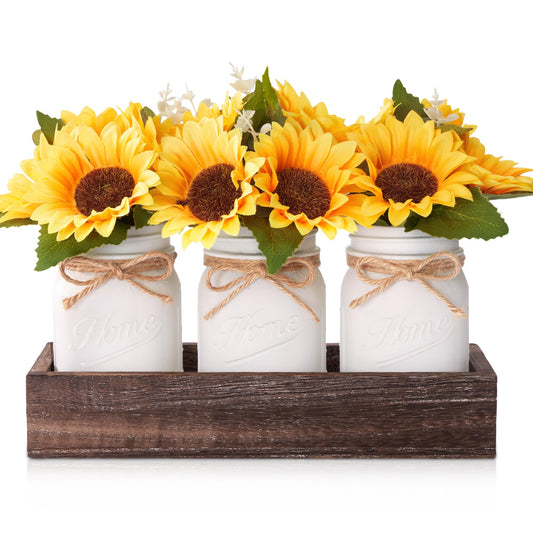 Mason Jar Sunflower Kitchen Decor, Spring Centerpieces for Tables with Sunflowers Artificial Flowers, Farmhouse Wood Tray, Sunflower Spring Bathroom Table Decor, Centerpiece Table Decorations for Home