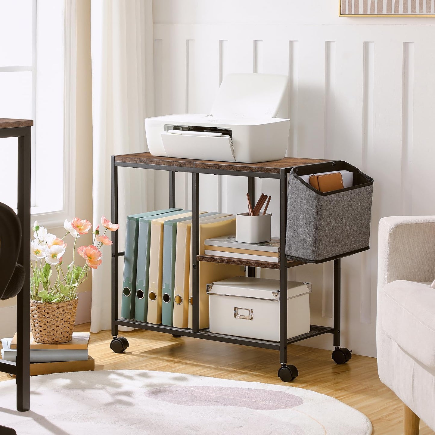 MAHANCRIS Printer Stand with Storage Bag, 3-Tier Mobile Under Desk Printer Cart with Wheels, Wood Rolling Printer Table, Organizer Shelf for Study, Office, Living Room, Rustic Brown PTHR2201