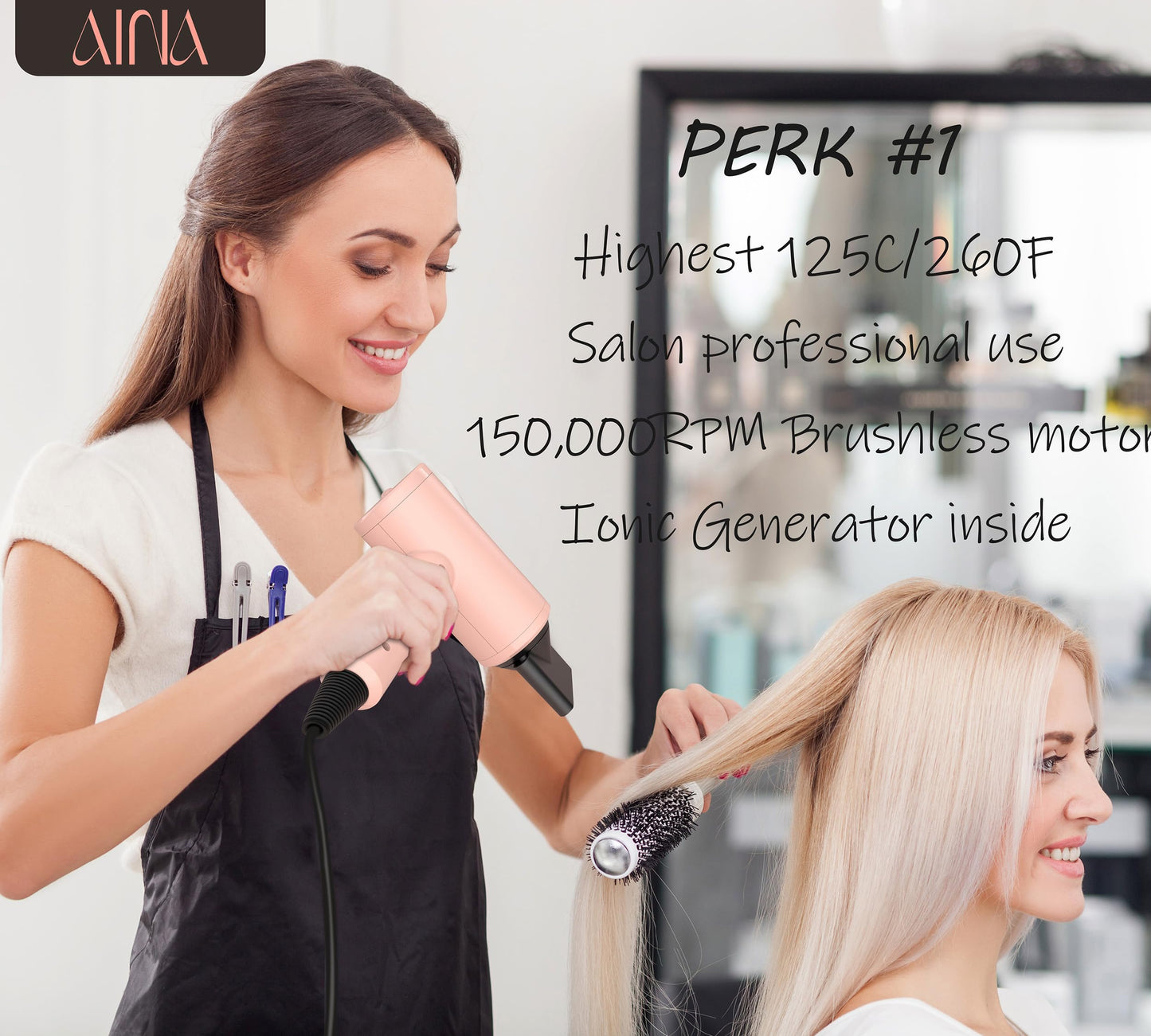 AINA Professional Salon Hair Dryer,2000W Blow Dryer with Diffuser Brush Comb for Women-BLDC Hair Dryer-Brushless Motor 150,000 RPM,Ionic,LED Display,4 Magnetic Attachments 110V/ALCI (Baby Pink)