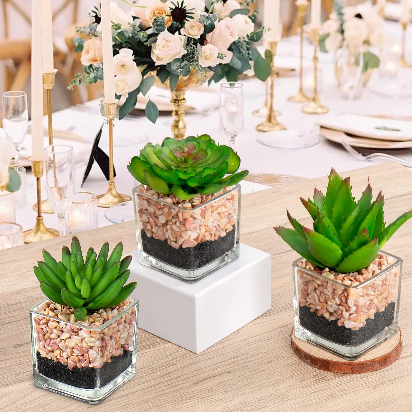 Briful Mini Fake Plants 3 Packs Cute Succulents Artificial Plants in Square Glass Vase Pot Potted Faux Succuletns for Living Room Dining Room Bathroom Kitchen Windowsill Table Decor