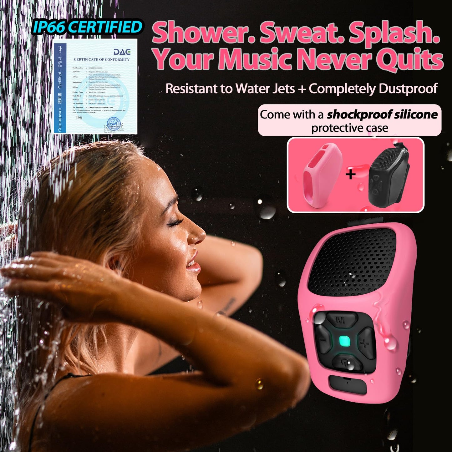 PROHEAR MC001 Wearable Bluetooth Speaker - 45g Portable Small Speaker with Magnetic Clip-On, IP66 Waterproof Certified, Built-in Mic, Voice Assistant for Hands Free Calls, Gifts for Women(Warm Pink)