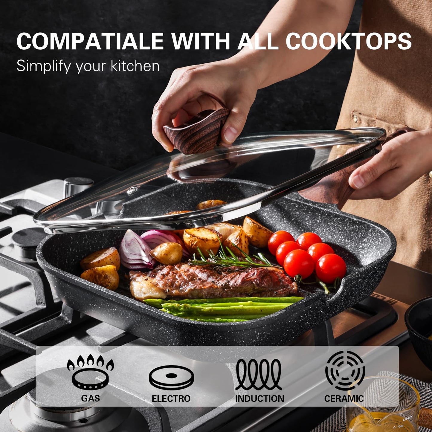 Kordisen Nonstick Grilling Pan with Lid for Stove Tops, 11 Inch Square Grill Pan for Indoor Cooking, Granite Coating Grill Skillet with Pour Spouts, Versatile Griddle, Induction Steak Pan, PFOA Free