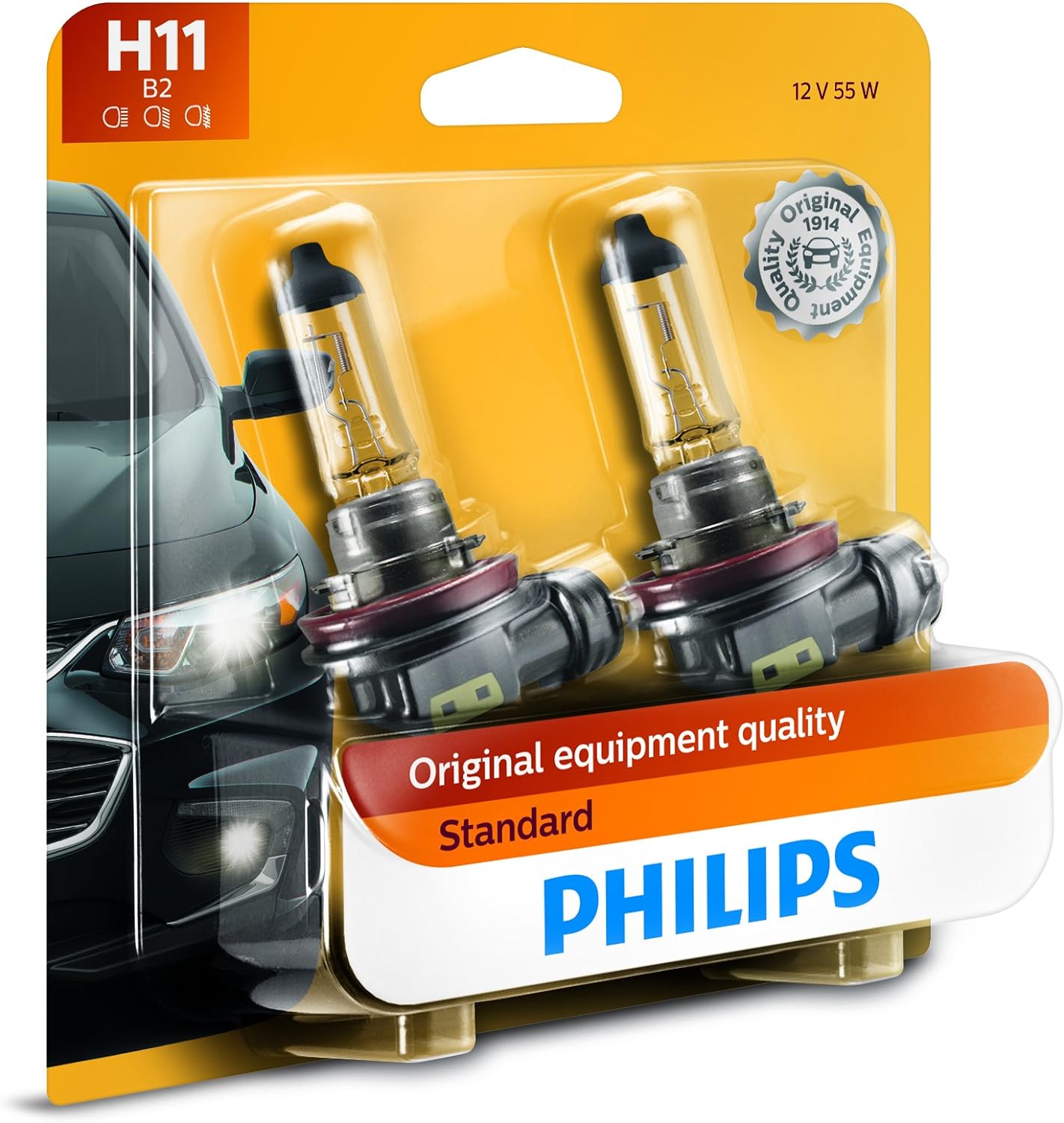PHILIPS - 12362B2 H11 Standard Halogen Replacement Headlight Bulb, 2 Pack