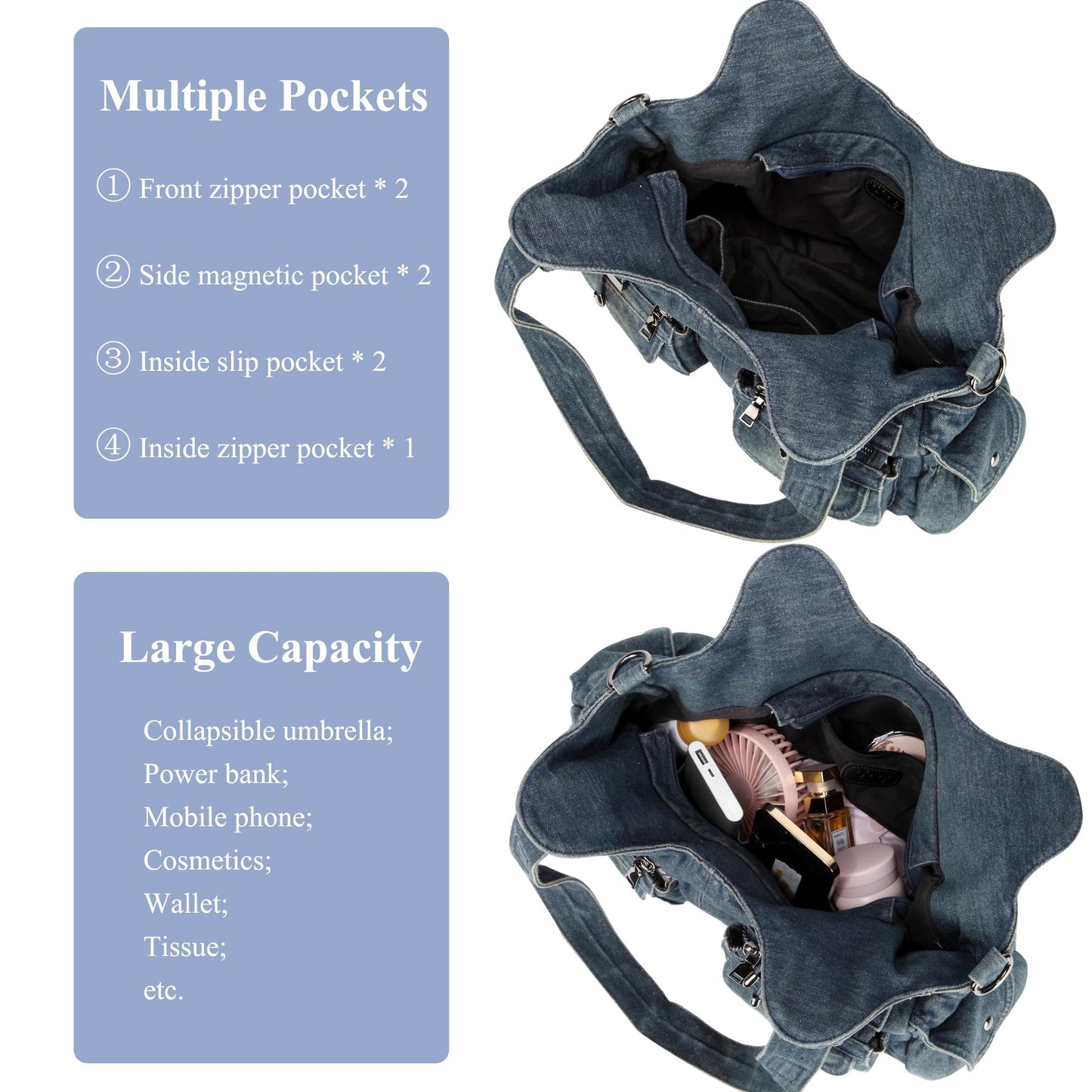 YeFine Casual Washed Denim Shoulder Bags Top Handle Lady's Hobo Bags Women Purses And Handbags (Deep Blue)