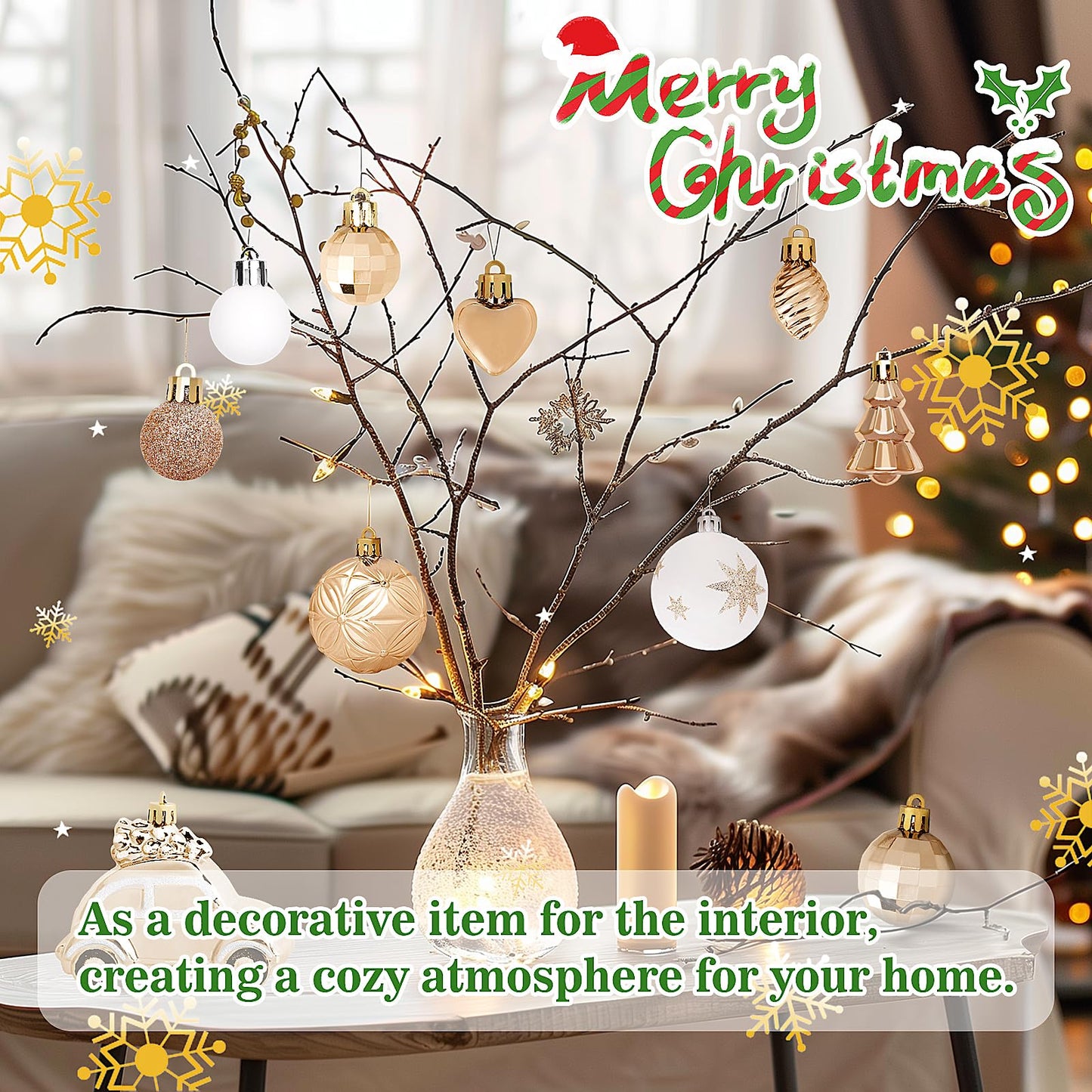 DeckTheHalls Christmas Ornaments 72 Count, Christmas Balls, Shatterproof Christmas Decorations for Tree, Gold Plastic Ornaments (Champagne)