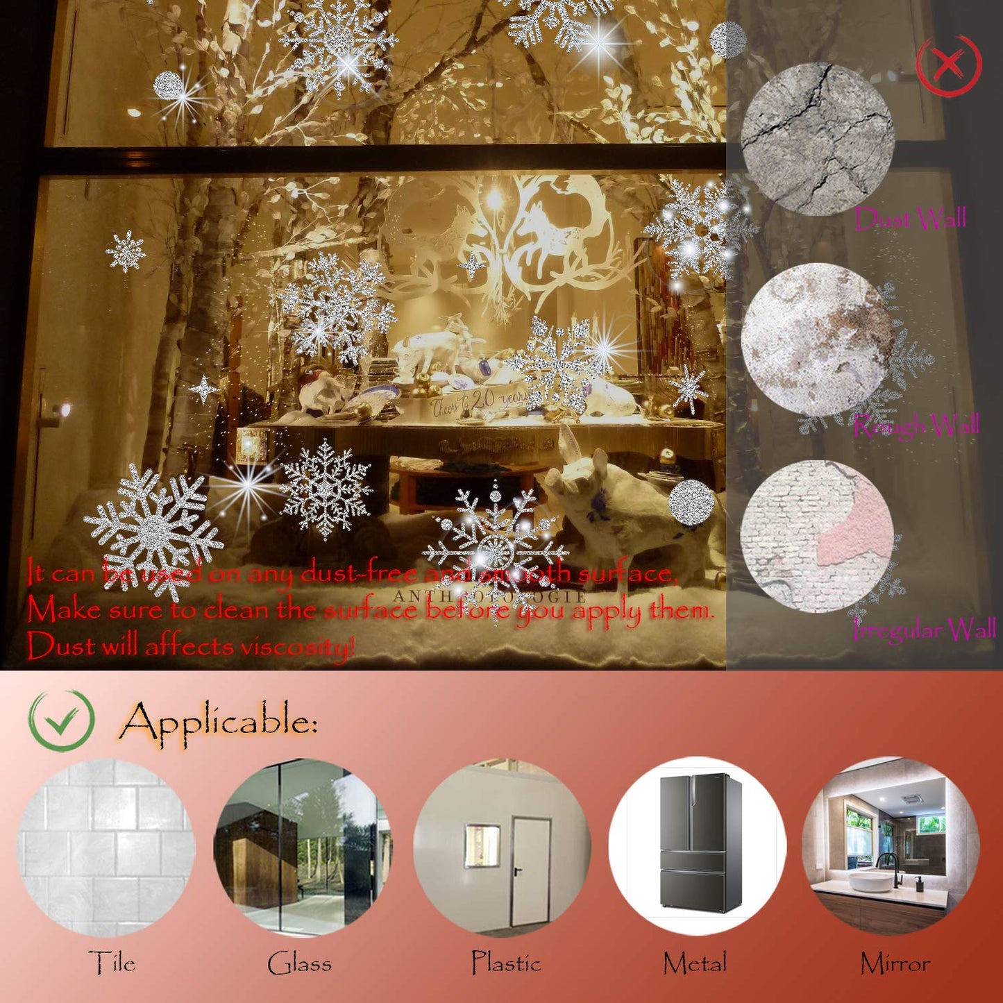 Glitter Snowflake Window Clings Christmas Window Decals for Glass Winter Xmas Navidad Decorations 190 Pcs (Sliver)