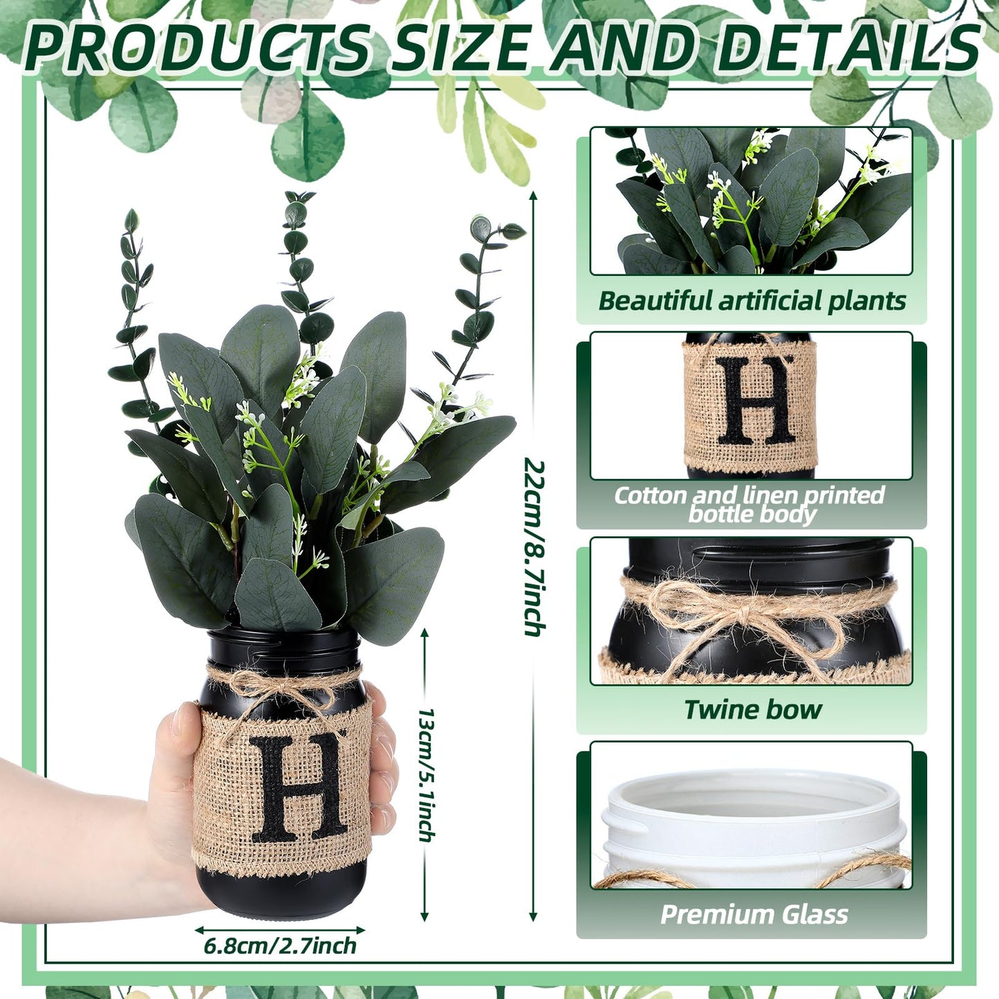 4 Pcs Home Centerpiece for Table Artificial Eucalyptus Mason Jar Centerpieces with Vase and Fake Plants Home Tabletop Tiered Tray Decor for Office Farmhouse Bathroom Dining Kitchen Decor