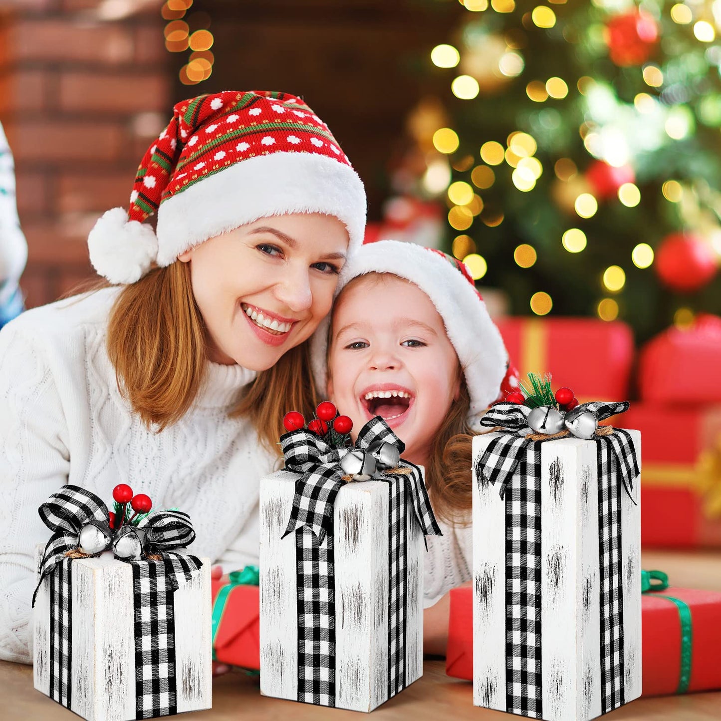 Amyhill 3 Pcs Christmas Wooden Gifts Box Decor Christmas Plaid Presents Table Centerpieces Rustic Wooden Gifts Tiered Tray Decor with Buffalo Plaid Bowknot for Xmas Party(White,Classic)