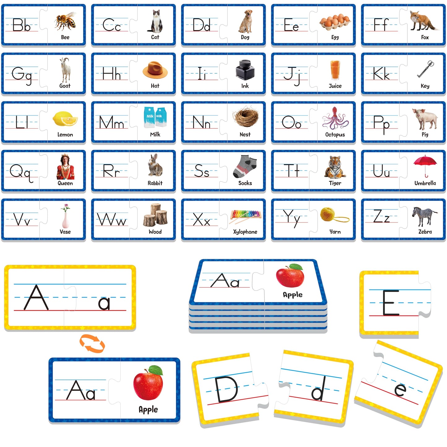 Alphabet Puzzle Cards, 26 PCS Double-Sided Puzzle Cards Alphabet Uppercase & Lowercase Matching Game Self Correcting Puzzles Learn Letter & Case Recognition ABC Learning for Kindergarten Preschool