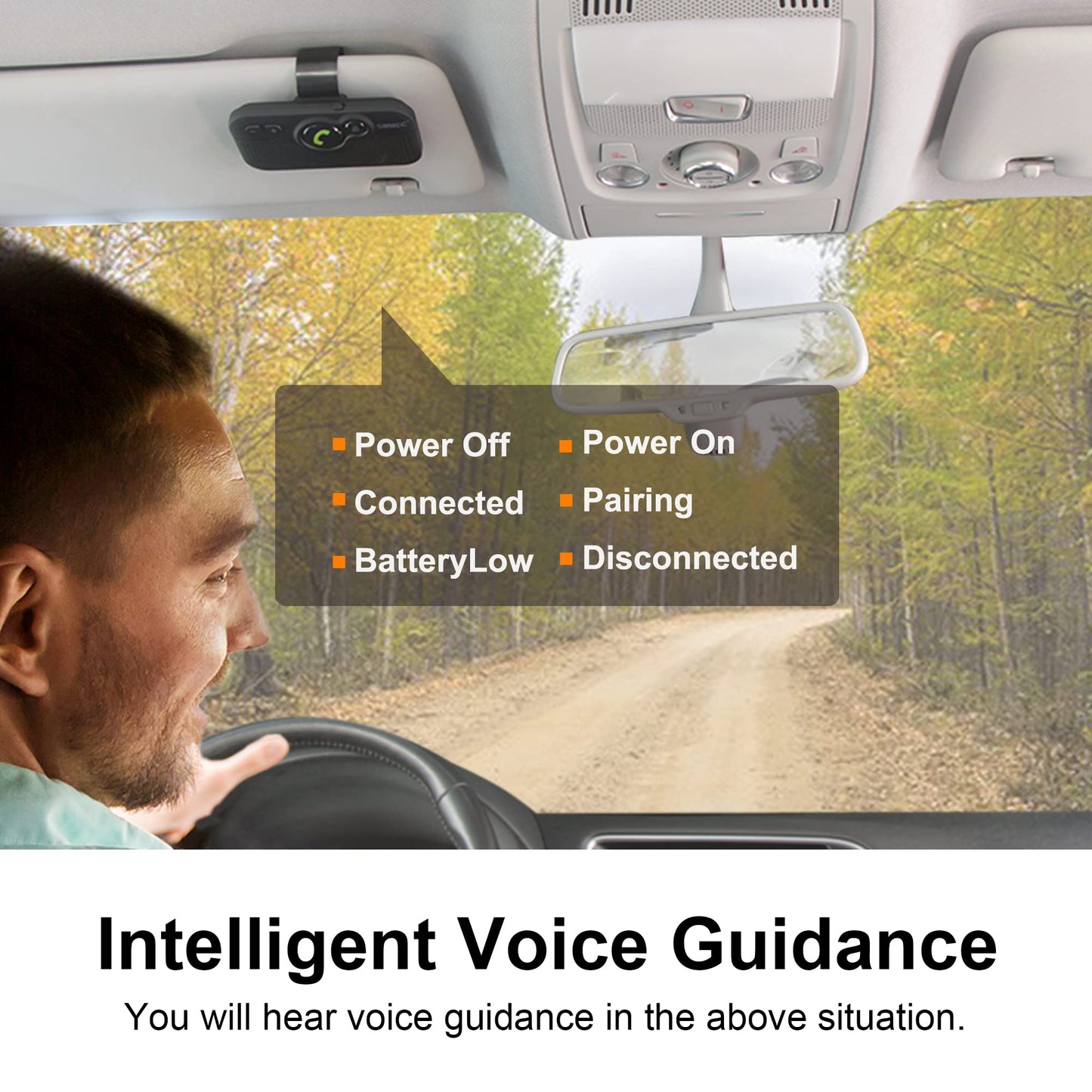 SUNITEC Bluetooth Car Speaker for Cell Phone, Handsfree Bluetooth Car Kit Motion AUTO ON Off Support Siri Voice Assistant Handsfree Speakerphone with Visor Clip - BC980P